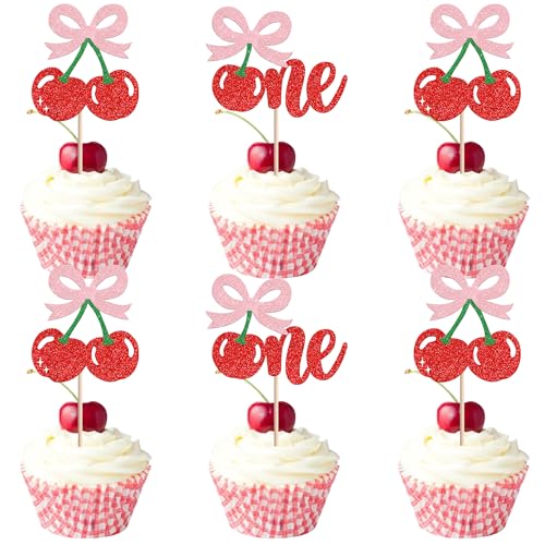 24 PCS Cherry One Cupcake Toppers Glitter Pink Bow Cherry Cupcake Picks Cherry 1st Birthday Decorations for Sweet Fruit Theme Baby Shower Kids Girls First Birthday Party Cake Decorations Supplies