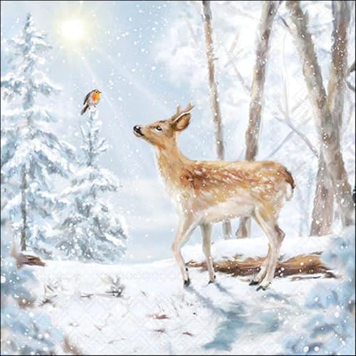 Set of 2 Individual Decoupage Paper Party Napkin Fawn Deer Winter Snow Watercolor Decor Luncheon Napkins for a Birthday Holiday, Wedding, Cocktail Party