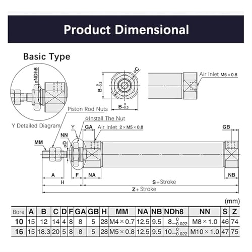 Vérin pneumatique CDJ2B pour espace restreint mini cylindre 16mm course 150mm