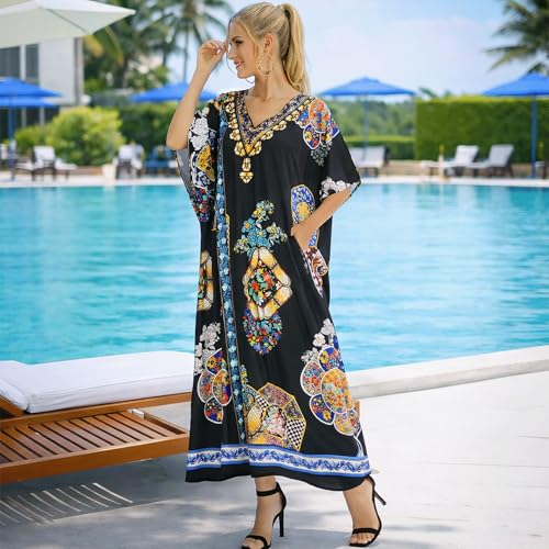 Image of Miss Lavish London Black Kaftan Dresses for Women V Neck Batwing Sleeve Beach Vacation Bikini Swimsuit Cover Ups, Ethnic Print Plus Size African & Dubai Caftan Maxi Dress with Side Slits-Black-S