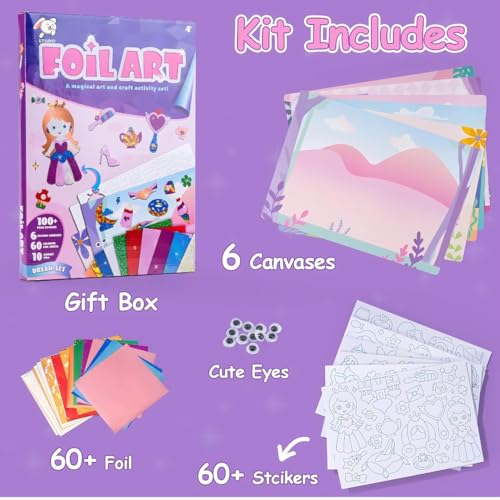 Image of Storio DIY Art & Craft Activity Toys - Foil Art Dream Set with Unicorn & Princesses| Non Messy Creative Activity Supplies| Best Gifts for Girls & Boys Ages 4, 5, 6, 7, 8, 9| Toys for Travel