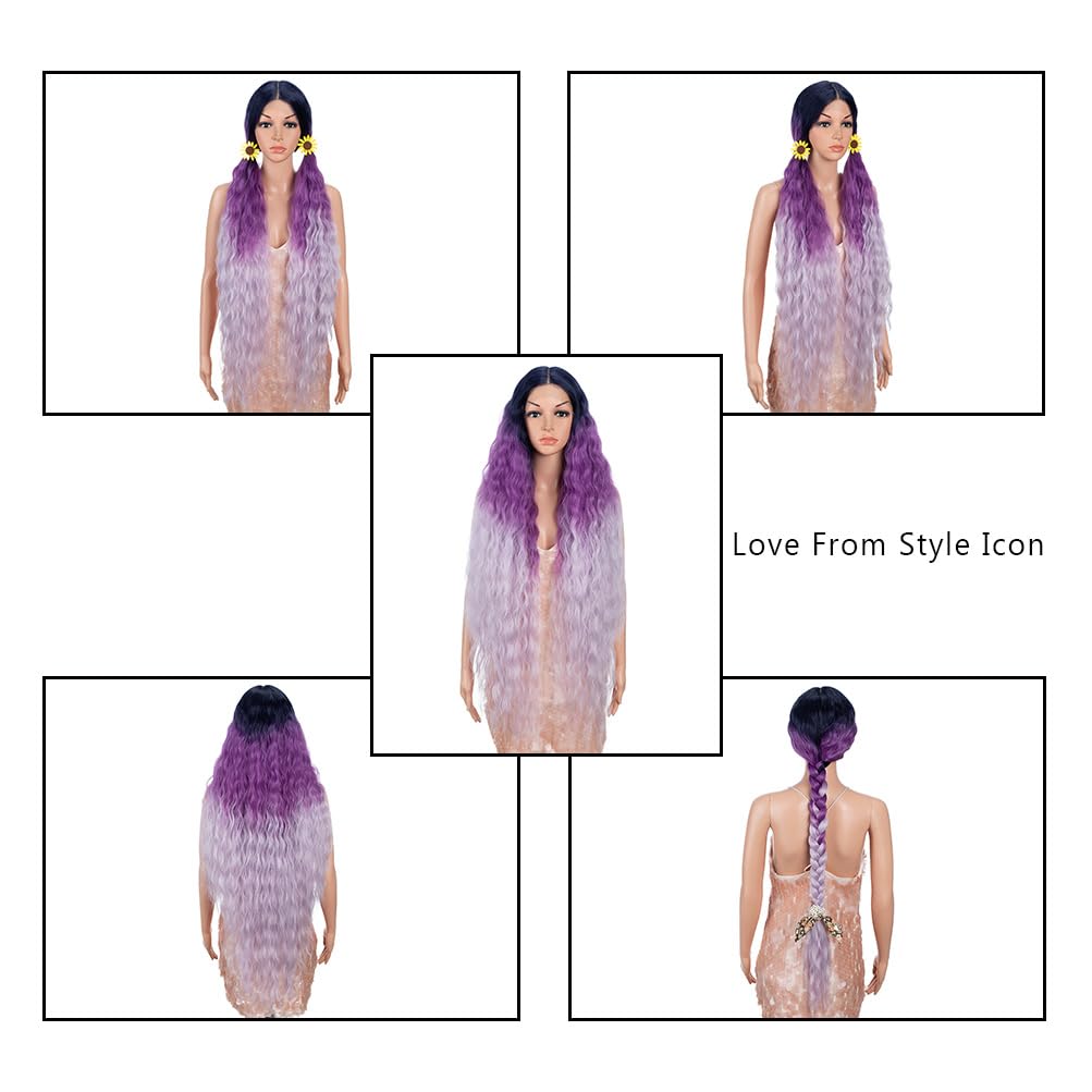 Style Icon 41" Ombre Purple Lace Front Wigs Long Wavy Synthetic Wigs with Baby Hair Half Hand Tied 130% Density Wigs (41", GTBV/PU/PU14)