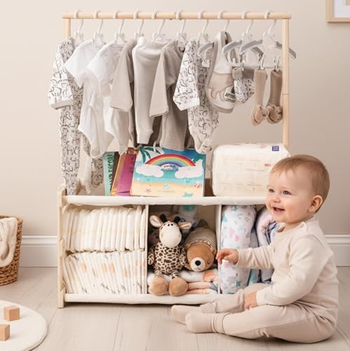GiftAmaz 3-in-1 Wooden Baby Shower Crate Closet Large Baby Basket for Nursery Personalized Baby Gifts Basket Baby Clothes Rack for Baby Shower Newborn Boy Girl Welcome Gift for New Mom Parents