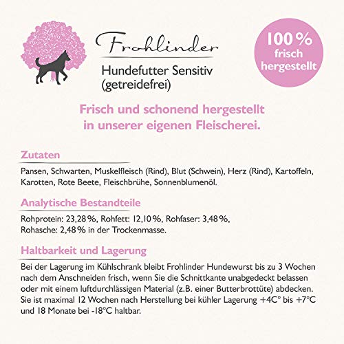Frohlinder Hundewurst SENSITIV | Vollnahrung für Sensible und allergische Hunde ab dem Welpenalter | Eigenherstellung aus Deutschen Produkten | 100% natürliche Zutaten ohne Zusatzstoffe