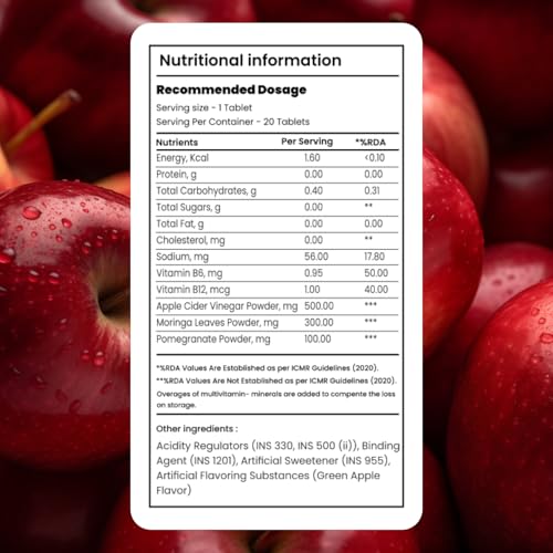 Image of Graceberry Apple Cider Vinegar Effervescent Tablet with Mother- 20 Tablets | 500mg ACV For Metabolism, Weight Management | Pomegranate & Moringa, Vit B6 & B12 | No Added Sugar | Pack of 1