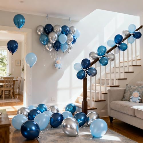 Image of Blue Silver Balloons, 60 Pirces Dark Navy Latex Confetti Balloon for Birthday Wedding Graduation Party