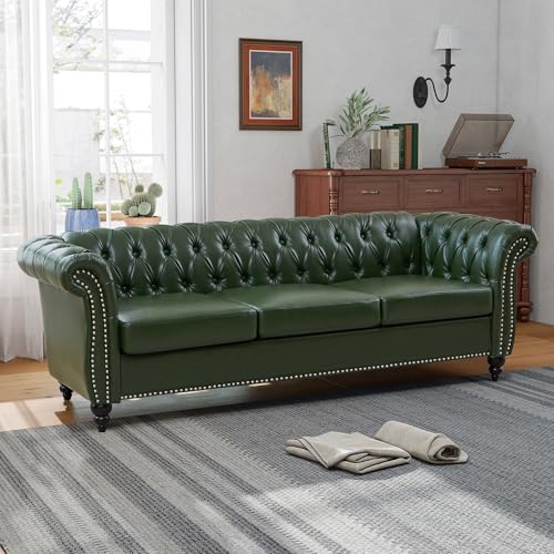 Image of QHITTY Accent Large Sofa, Chesterfield Couch 3 Seater Modern Leather Couch Upholstered Sofa with Tufted Back for Living Room Furniture (Green)