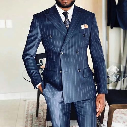 Mens Striped Male Suit Formal Casual Wedding 2 Pieces Business Peak Lapel Double Breasted Blazer with Pants3