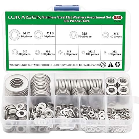 304 Stainless Steel Flat Washers Set 580 Pieces, 9 Sizes - M2 M2.5 M3 M4 M5 M6 M8 M10 M12 Suitable for Home Decoration, Factories Repair, Kitchens, Shops and Outdoor Construction Cover