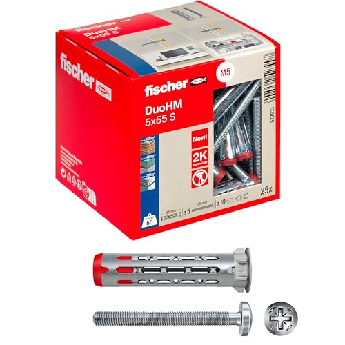 Fischer DuoHM Ø 10 mm con Vite a Croce POZI M5x55 mm, 25 Tasselli per Cartongesso in Metallo e Nylon senza Necessità di Pinza, 572921