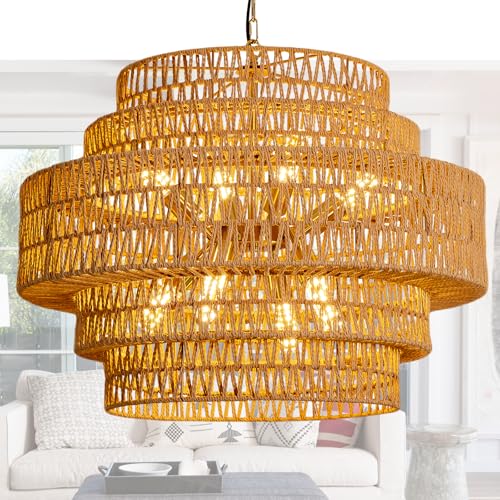 LUJOGUID 28.74inch Large Rattan Chandelier, 8-Light Gold Boho Rattan Chandelier