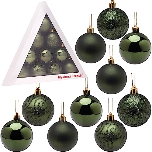 Christmas Concepts® Pack of 10-60mm (2.4) Christmas Tree Baubles - Shiny, Matte & Glitter Decorated Baubles (Forrest Green)