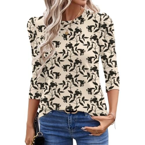 Ivicoer 3/4 Length Sleeve Womens Tops Summer Spring Tops for Women 2025 Puff Lace Sleeve Shirts Blouses Apricot Black Floral Small
