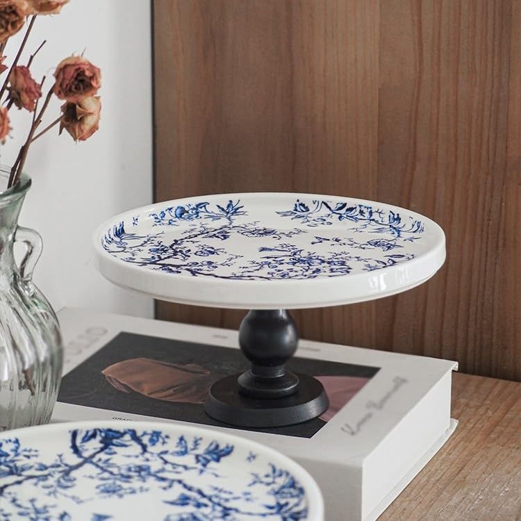 Bandejas Servir Comida Bandeja Alta de Madera China Retro Azul y Blanca for aromaterapia, Almacenamiento Frutas refrescos, Bandeja for decoración del hogar Mesa Cama(Black)