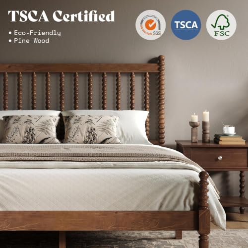 Image of AMERLIFE Solid Wood Bed and Bobbin Headboard, Queen Size, Dark Walnut