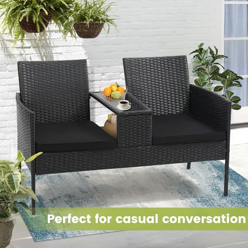 Kromax Wicker 2 Seat Patio Conversation Set, Outdoor Rattan Loveseat with Table, Washable Cushion Covers, Backyard, Garden, Lawn, Black Rattan with Black Cushion - Thumbnail 2