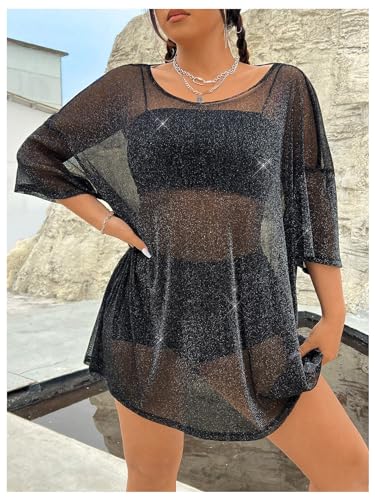WDIRARA Women's Plus Size Sparkle Mesh Y2K Tee Top Loose Drop Shoulder Party Club Wear T Shirts3