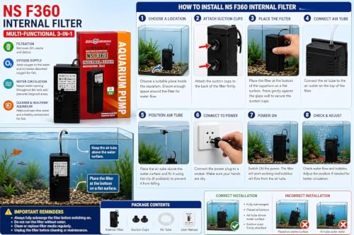 Image of Jainsons Pet Products Minjiang NS F360 3-in-1 Aquarium Internal Filter Pump | 360 L /H Flow | Mechanical Filtration, Oxygenation & Water Circulation | 5W Silent | 220-240V