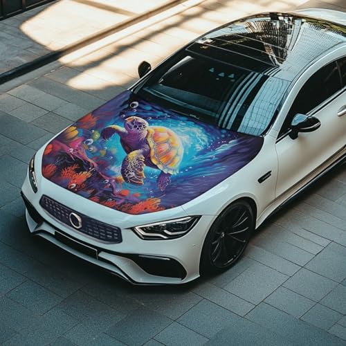 Image of Turtle Print Car Hood Cover Easy to Install Car Hood Cover Protector Elastic Fabrics Can be Washed Stretch Polyester Fabric Cover Personalized Suitable for Cars