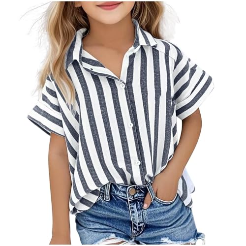 Cotton Linen Shirts for Teen Girls 3/4 Roll Up Sleeve 2025 Summer Casual Loose V Neck Button Down Blouses Tunic Tops