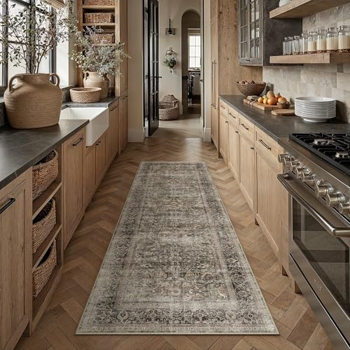 2x6 Beige Vintage Washable Non-Slip Runner Rug Floral Traditional Distress Print Runner Rug for Hallway Long Low Pile Soft Indoor Carpet for Kitchen L