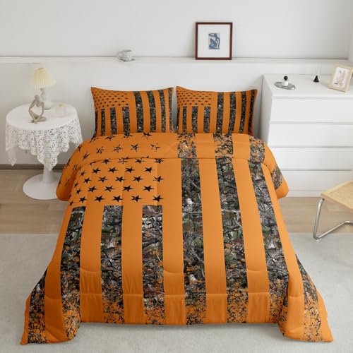 jejeloiu American Flag Bedding Set Toddler Size Kids Camo Comforter Cover for Boys Girls Teens Orange Brown Duvet Cover Breathable Soft Lightweight Microfiber Quilt Set