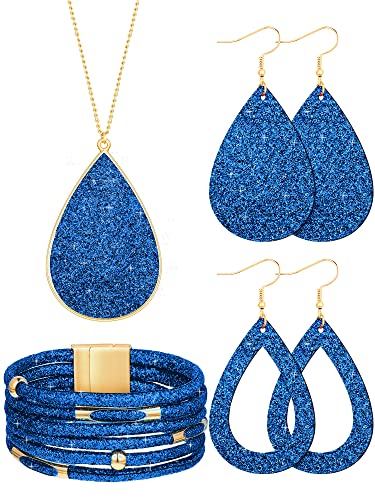Hicarer 4 Pcs Jewelry Sets for Women Glitter Necklace and Earring Set Multi Layer Bracelet Costume Jewelry Sets for Bridal Shower Wedding(Dark Blue)