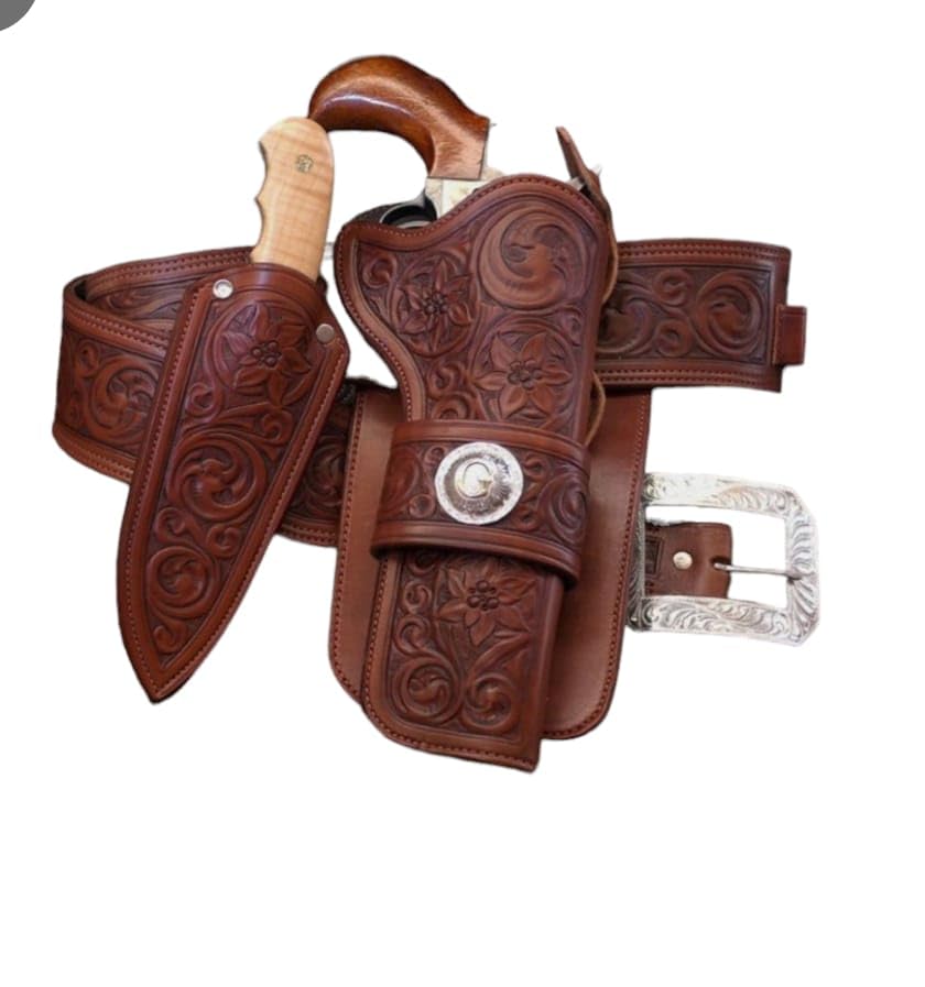 Western Leather Cartridge Belt Ammo Loops Cowboy Leather Revolver Pistol Holster Gun Case Cover 44 45. (Black Right Hand, Size 9 (62