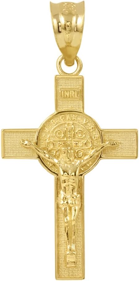 Claddagh GoldSolid 14k Yellow Gold St. Benedict Crucifix Cross Charm Pendant (1.60")