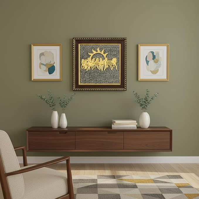 White Aura Vastu Store Pyrite Stone Frame with Vastu Seven Running Horses with Sun to Attract Money | Protection and Chakra Healing - Wooden Photo Frame Wall Decor Items for Living Room 2