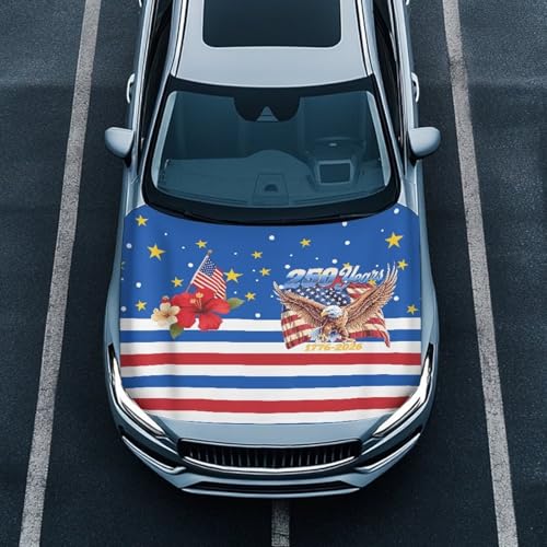 Image of Car Hood Cover, US 250 Years Car Hood Wrap Blankets Auto Banner Elastic Polyester Automotive Accessories for Compact Cars Sedans SUV Trucks (59x39 Inch)