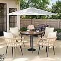 Pamapic 5-Pieces Patio Dining Set with Wood Table Top, All-Weather PE Rattan Patio Furniture Set, Outdoor Dining Furniture with Removable Cushion Chairs & Round Table for Garden Lawn Patio,Cream