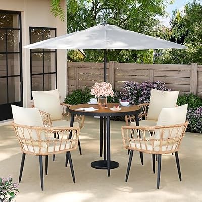 Pamapic 5 Pieces Patio Dining Set,All-Weather PE Rattan Patio Furniture Set with Wood Table Top, Outdoor Table and Chairs with with Removable Cushion & Round Dining Table for Lawn Garden Patio, Cream