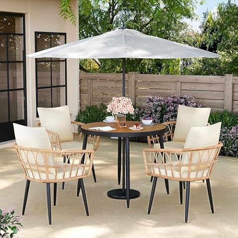 Pamapic 5 Pieces Patio Dining Set,All-Weather PE Rattan Patio Furniture Set with Wood Table Top, Outdoor Table and Chairs with with Removable Cushion & Round Dining Table for Lawn Garden Patio, Cream Cover