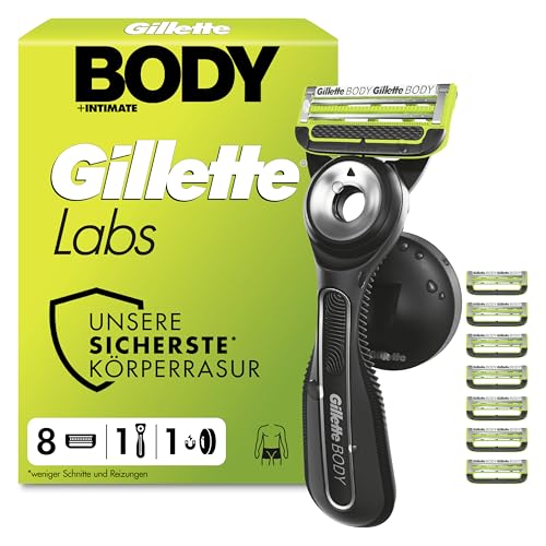 Gillette Labs Body & Intimate Rasierer Herren Schwarz - Intimrasierer Mann Schutz Vor Eingewachsenen Haaren Und Irritationen Inkl. Handstück für Körper Und Intimbereich Duschhalterung 8 Klingen