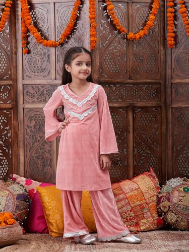 Image of Pspeaches Girls Ethnic Green & Pink Velvet Full Sleeves Solid Kurta and Pant with Dupatta 3 Piece Set