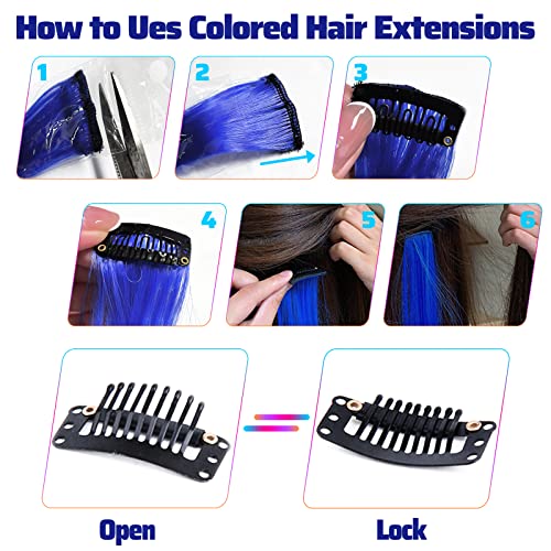 Meckily Colored Hair Extensions Party Highlights, Curly Wavy Hairpiece Clip In Synthetic Streak For Kids Girls Women 17 Inch (12Pcs-Blue) #TOP2