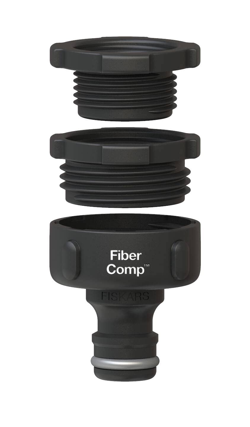 Fiskars tap connector, For taps, Ø 21 mm (G1/2"), Ø 26.5 mm (G3/4"), Ø 33.3 mm (G1"), FiberComp, MULTI, universal size, 30 g, black/grey, 1027056