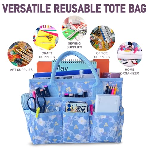 Image of Cupohus Craft Organizer Tote Bag - Art Organizer, Craft Caddy with Multiple Pockets, Large Capacity Supply Storage Bag for Sewing, Knitting, Painting, and Travel(Blue Print)
