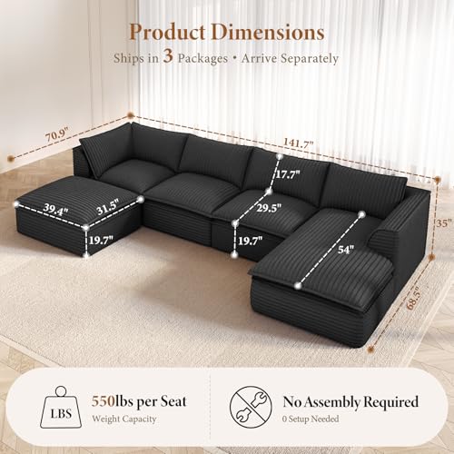 Image of Vesgantti 141.7 inch U Shaped Sectional Boneless Couch, Modern 6 Seater Modular Sofa with Chaise & Ottoman, Deep Seat Plush Corduroy Cloud Couches for Living Room, No Assembly Required, Dark Gray