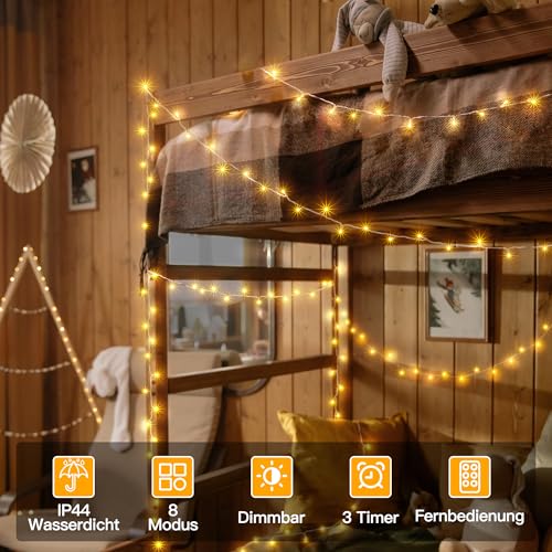 Ollny LED Lichterkette außen 20m 200LED, Lichterketten Strombetrieben mit Fernbedienung und Timer, 8 Modi IP44 Wasserdicht Warmweiß für aussen und innen Garten Hochzeit Party
