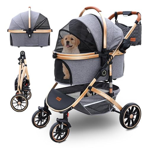 Pettingzoo Dog stroller with 4 Wheels, Folding Cat Stroller for Small/Medium/Large dogs & cats to 60 lbs, pet stroller with removable carrier, Storage BasketCup Holder,3 in1 Multifunctional Detachable