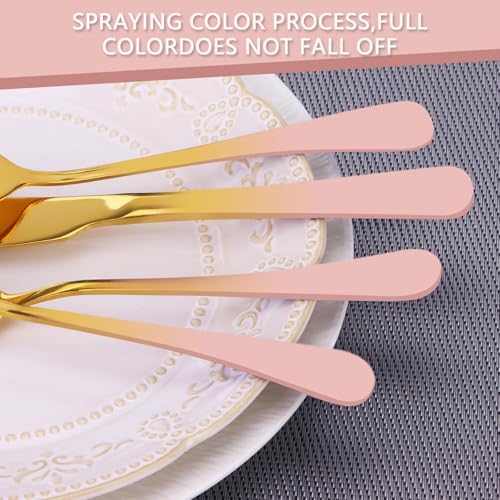 Image of 24 Pieces Flatware Set, Stainless Steel Cutlery Set with Silverware Holder, Modern Gold Silverware Set Includes Dinner Knives Forks Spoons,Hanging Silverware (Pink)