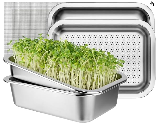 2er Set Sprossen Anzuchtset aus Edelstahl, 32 x 22 cm Keimschalen Set | 2-in-1 Anzuchtschale mit Silikonsieb, Wiederverwendbare, Spülmaschinenfest, für Sprossen, Microgreens, Katzengras & Kresse