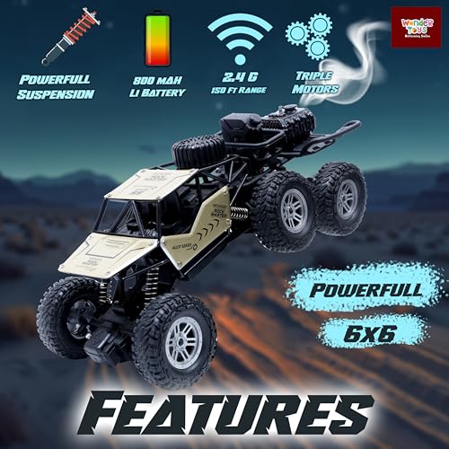 Image of Wonder 6X6 Rock Crawler Remote Control Car | Smoke Function | Abs Plastic | Body App Control | Triple Motor 6 Wheel Drive Off Road Toy with Shock Suspension Rechargeable Battery for Kids - Gold