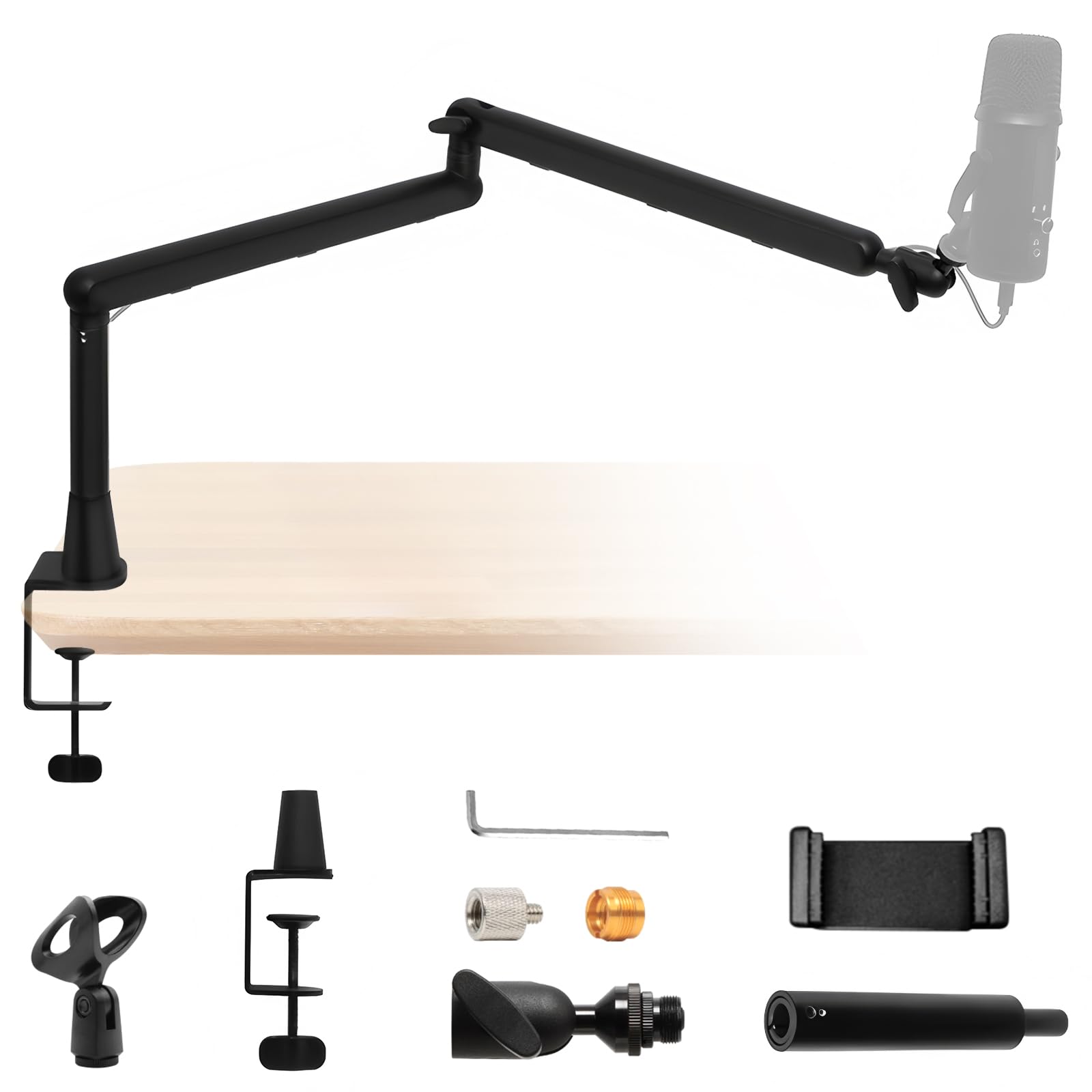 Brazo de Micrófono con Barra de Extensión Adicional, Ajustable 360° Giratorio Brazo de Micrófono con Adaptadores 1/4", 3/8" y 5/8" Brazo para Podcast, Escenario o Estudio en Casa