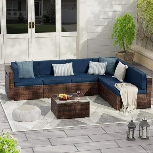 Image of 4PC Patio Furniture Sets, Modular Rattan Outdoor Sectional Furniture Sofa Set, Wicker Patio Conversation for Backyard, Deck, Poolside Coffee Table Set, (Blue)