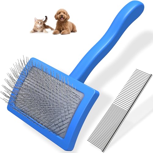 2PCS Slicker Brush for Dogs & Pet Comb Professional Dog Grooming Brush (Goldendoodles Poodles Labradoodles) with Extra Long Pins to Effectively Remove Tangles Knots and Mats (Blue Medium)