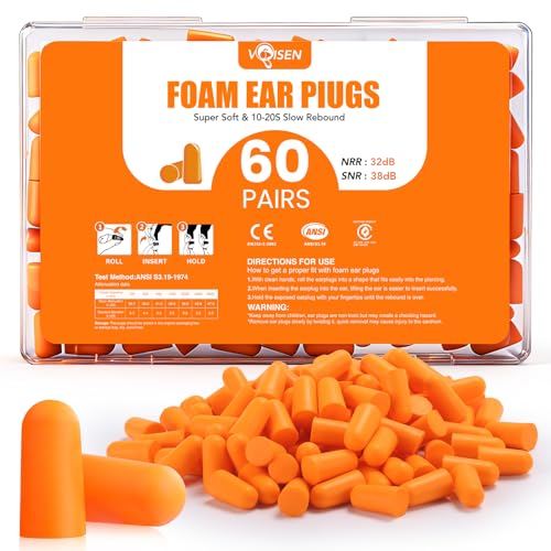VOISEN 60 Pairs Foam Ear Plugs, Ear Plugs for Sleeping Noise Cancelling, 32dB NRR, 38dB SNR Earplugs for Sleeping, Snoring, Studying, Loud Events, Traveling & Concerts, Orange