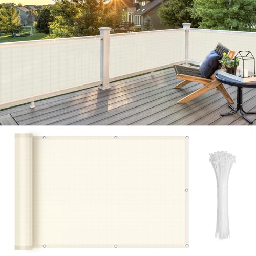 Image of LOVE STORY Custom Size 3'x7' Beige Balcony Privacy Screen,UV Block Privacy Fence Screen,90% Shield for Outdoor Pool Garden Apartment Railing